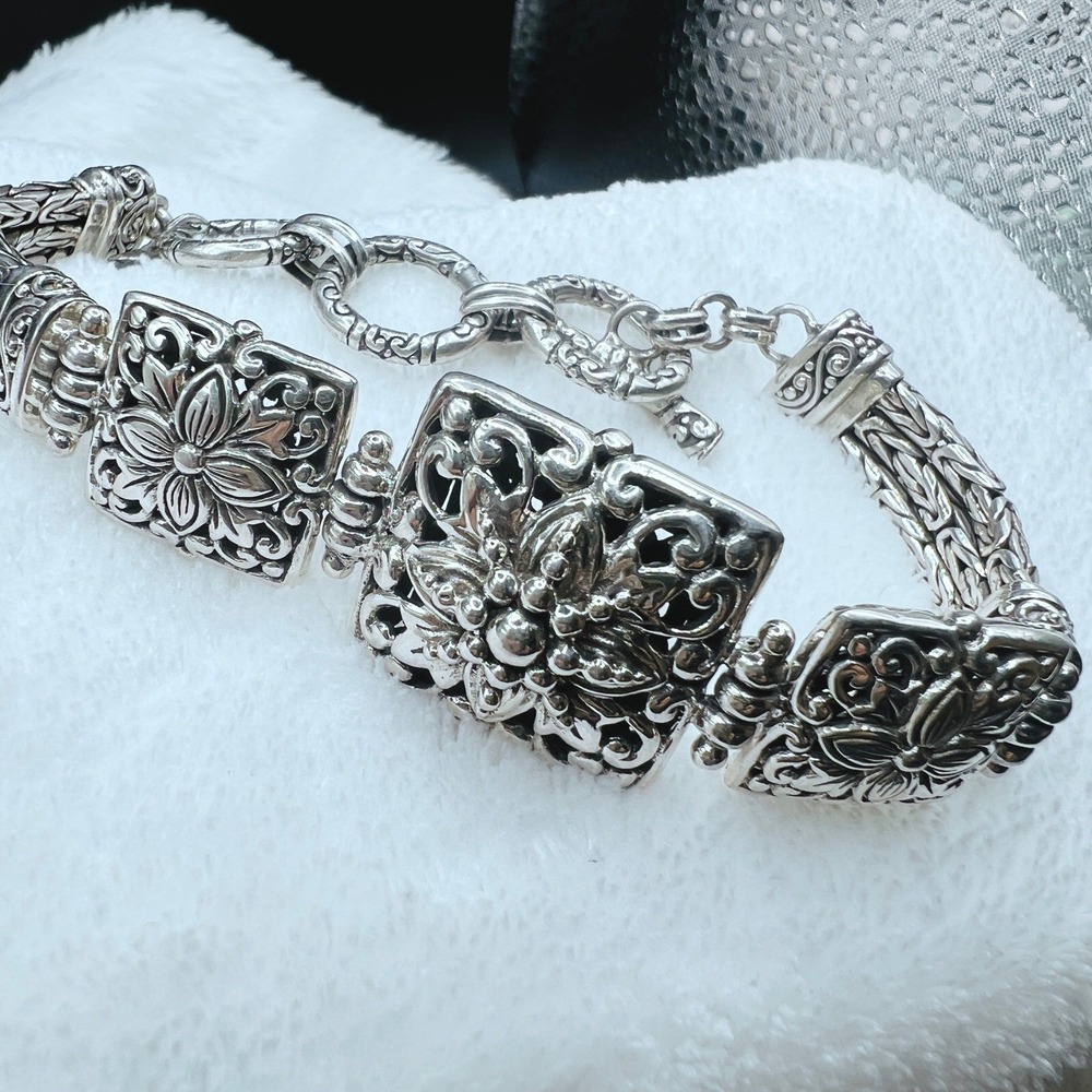 Sterling Silver Sarda Panel Bracelet Raised Square Floral Toggle Clasp Open Work